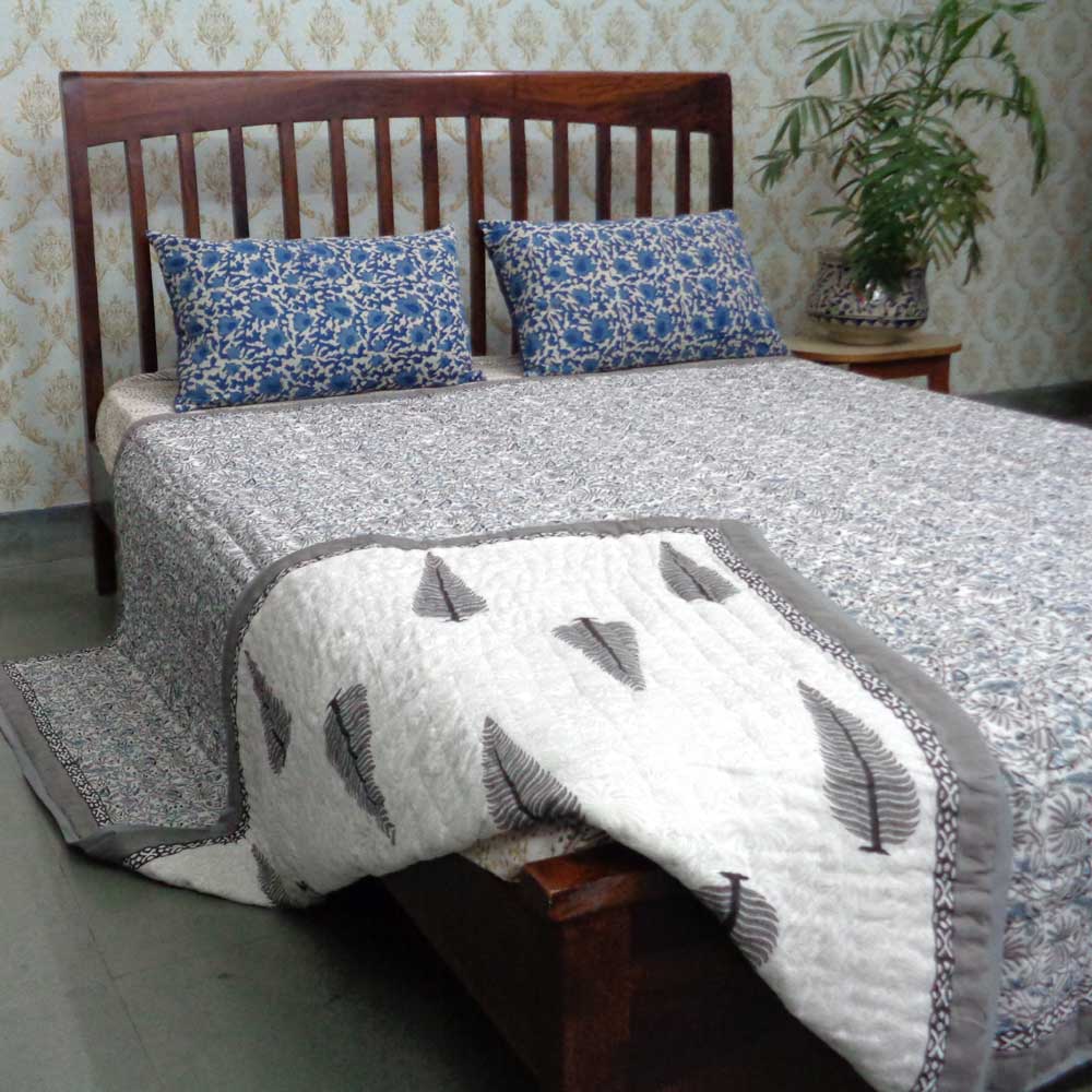 Queen Size Soft Cotton Quilt Handmade Passion Flower Grey 108709