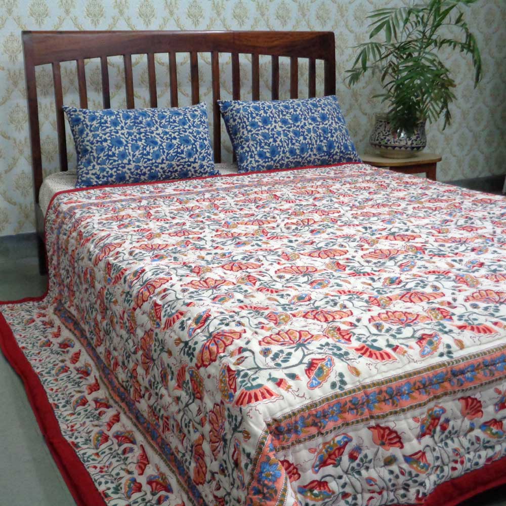 Queen Size Soft Cotton Quilt Handmade  Waterlily Red 100407