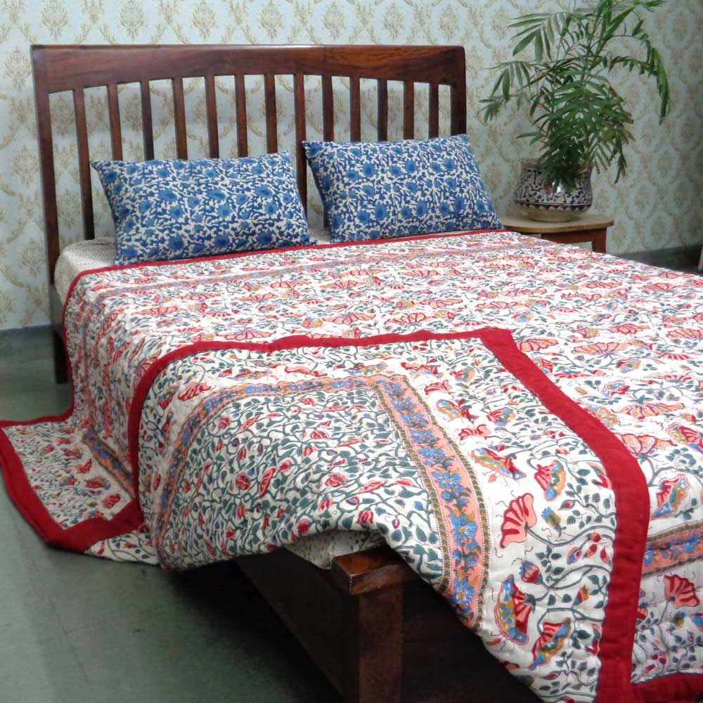 Queen Size Soft Cotton Quilt Handmade  Waterlily Red 100407