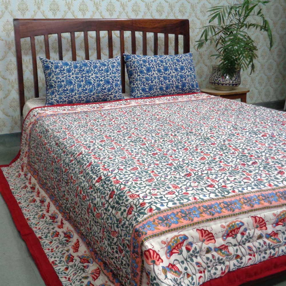 Queen Size Soft Cotton Quilt Handmade  Waterlily Red 100407