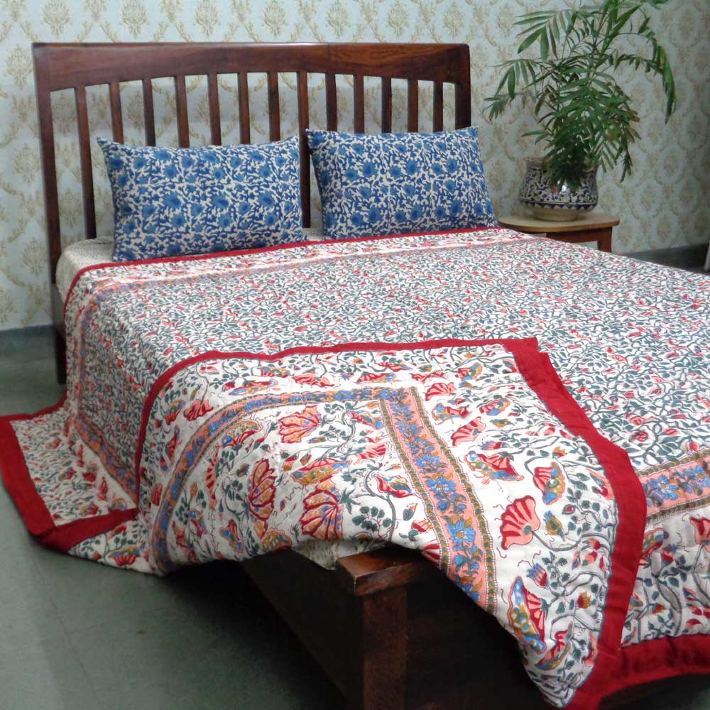 Queen Size Soft Cotton Quilt Handmade  Waterlily Red 100407
