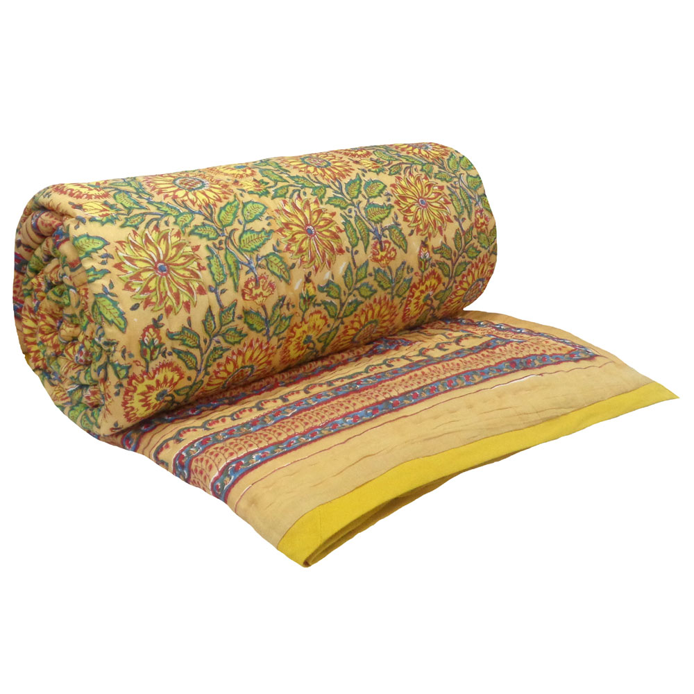 Hand Block Printed Cotton Queen Size Quilt Surajmukhi Canary Gud 102383