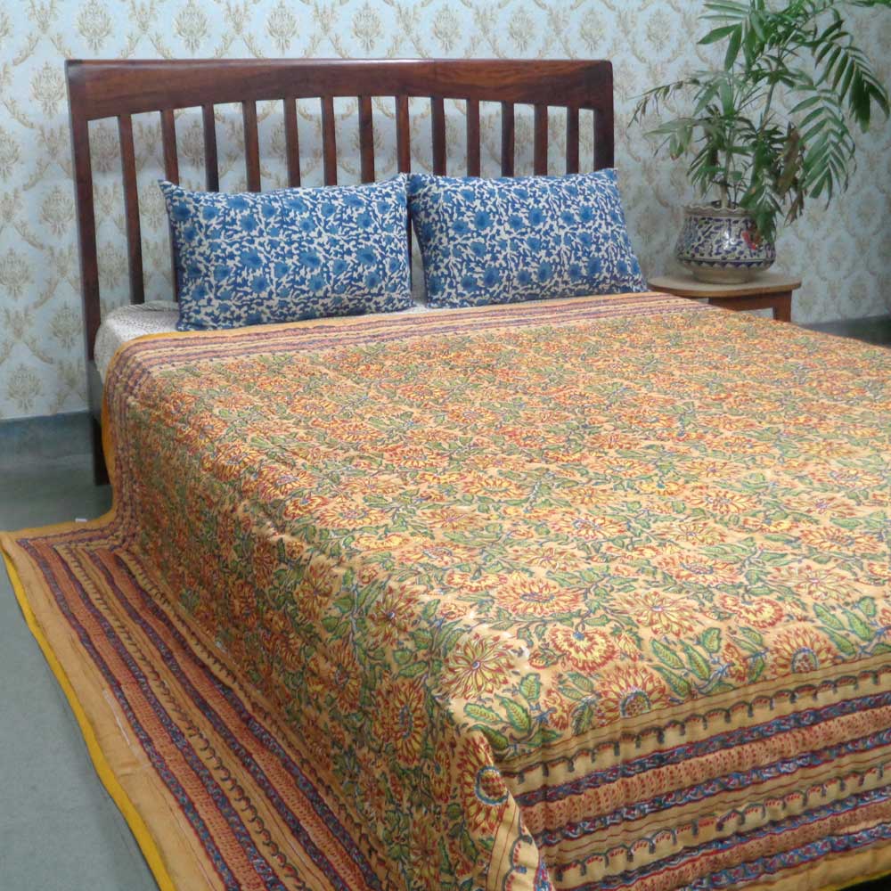 Hand Block Printed Cotton Queen Size Quilt Surajmukhi Canary Gud 102383