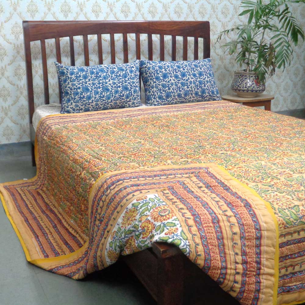 Hand Block Printed Cotton Queen Size Quilt Surajmukhi Canary Gud 102383