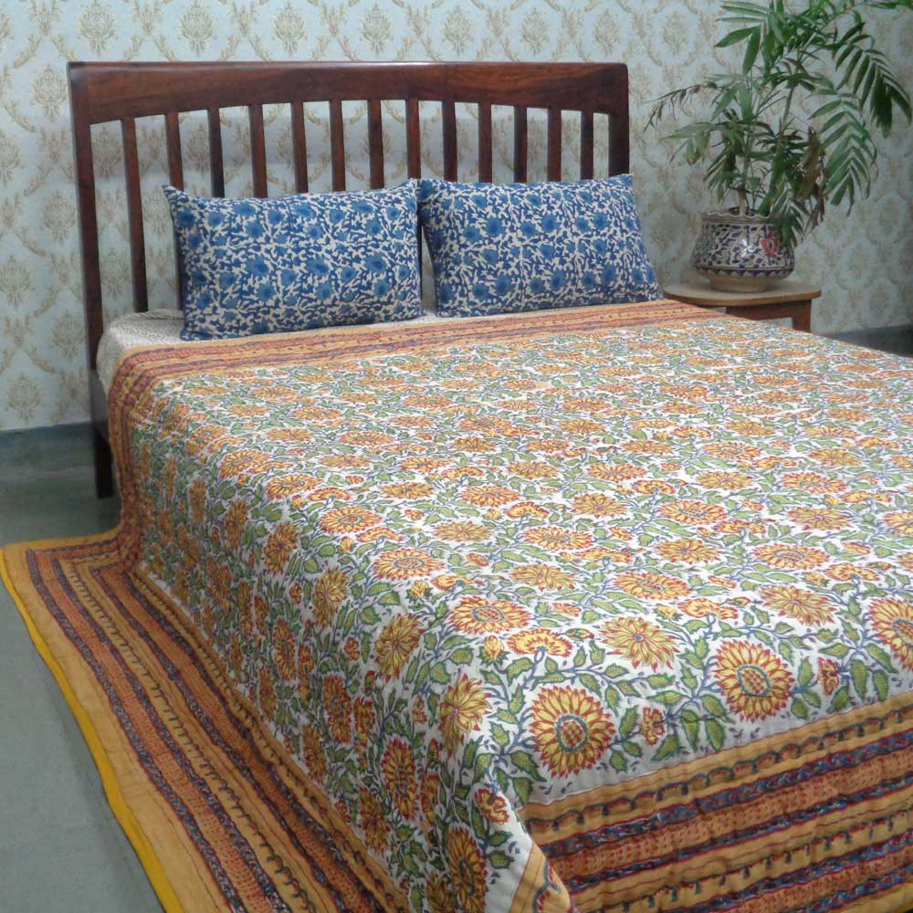 Hand Block Printed Cotton Queen Size Quilt Surajmukhi Canary Gud 102383