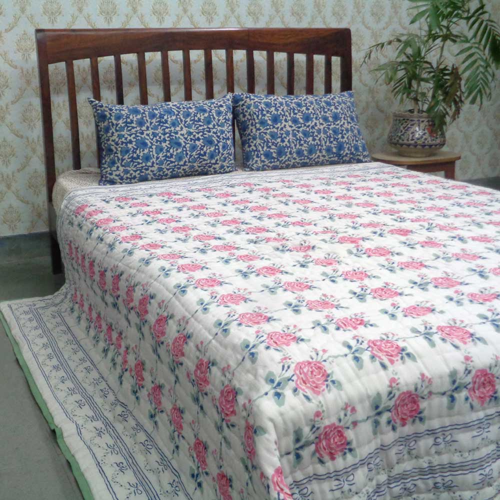 Hand Block Printed Cotton Queen Size Quilt Roseline Pink 100587