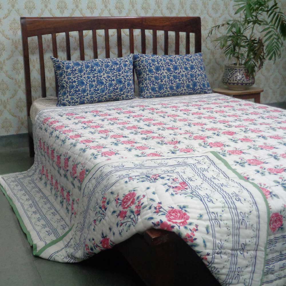 Hand Block Printed Cotton Queen Size Quilt Roseline Pink 100587
