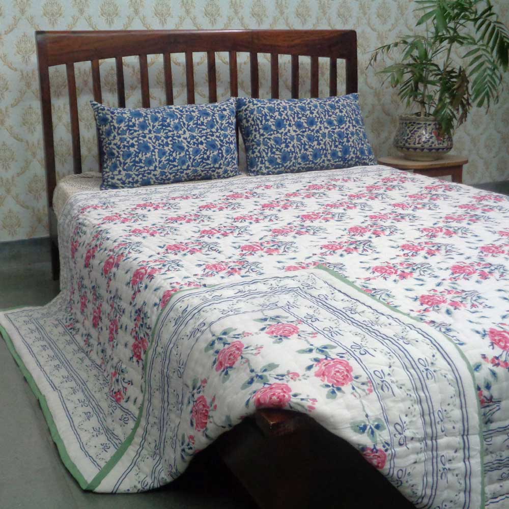 Hand Block Printed Cotton Queen Size Quilt Roseline Pink 100587