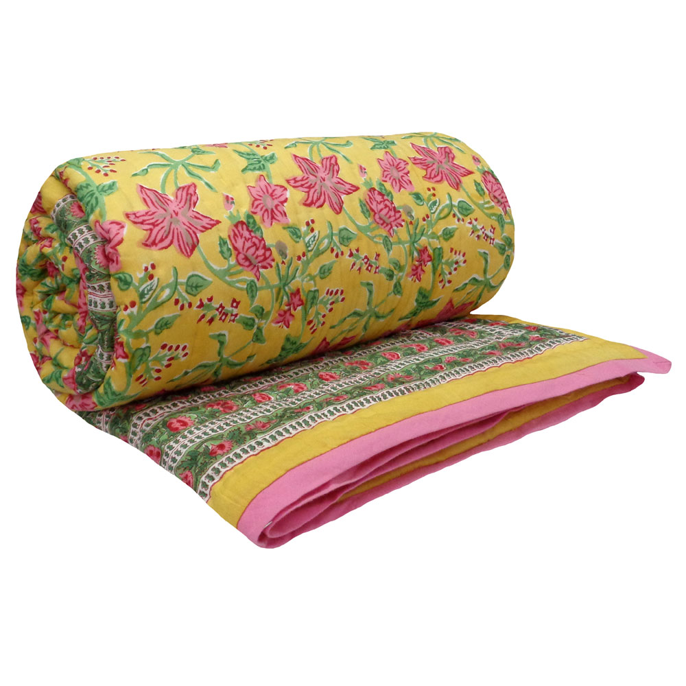 Handmade Block Printed Cotton Queen Quilt Nargis Lime 102382