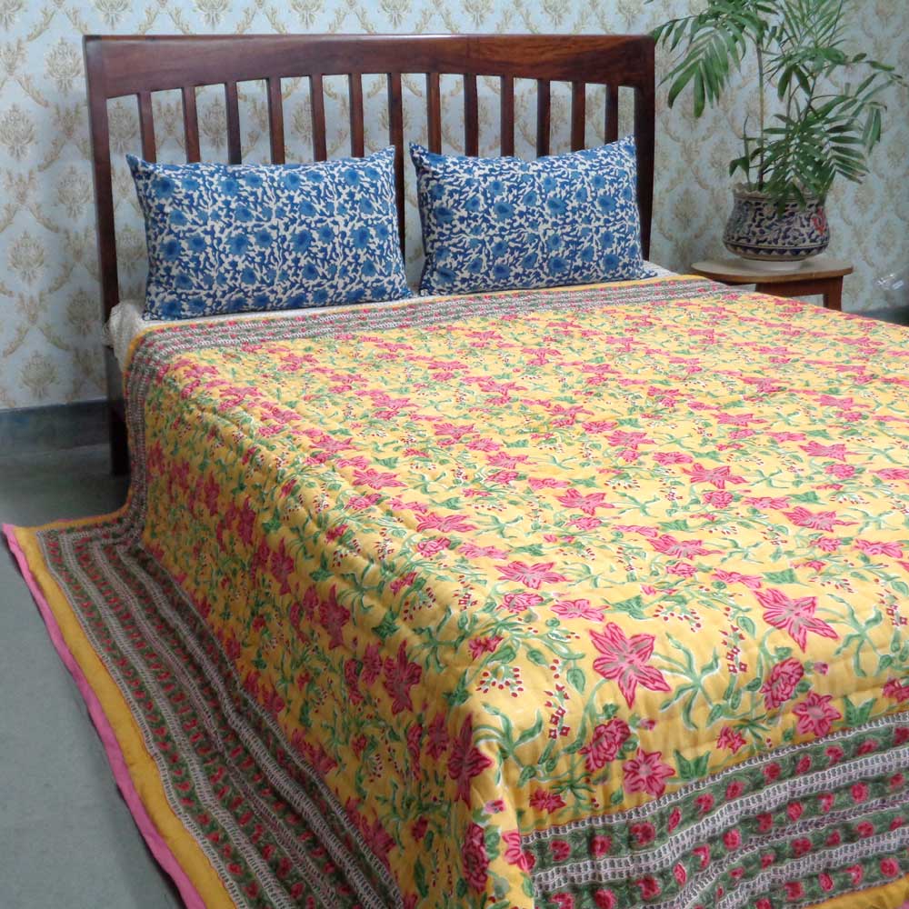 Handmade Block Printed Cotton Queen Quilt Nargis Lime 102382