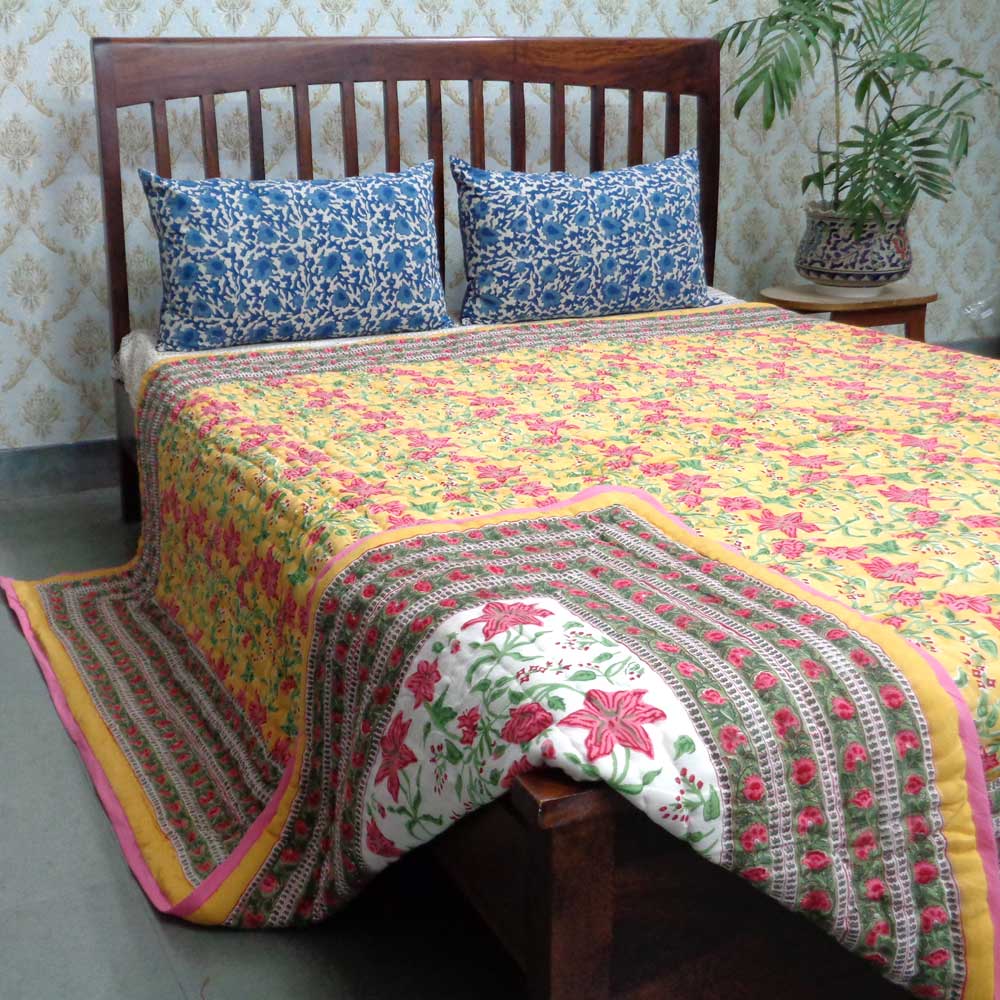 Handmade Block Printed Cotton Queen Quilt Nargis Lime 102382
