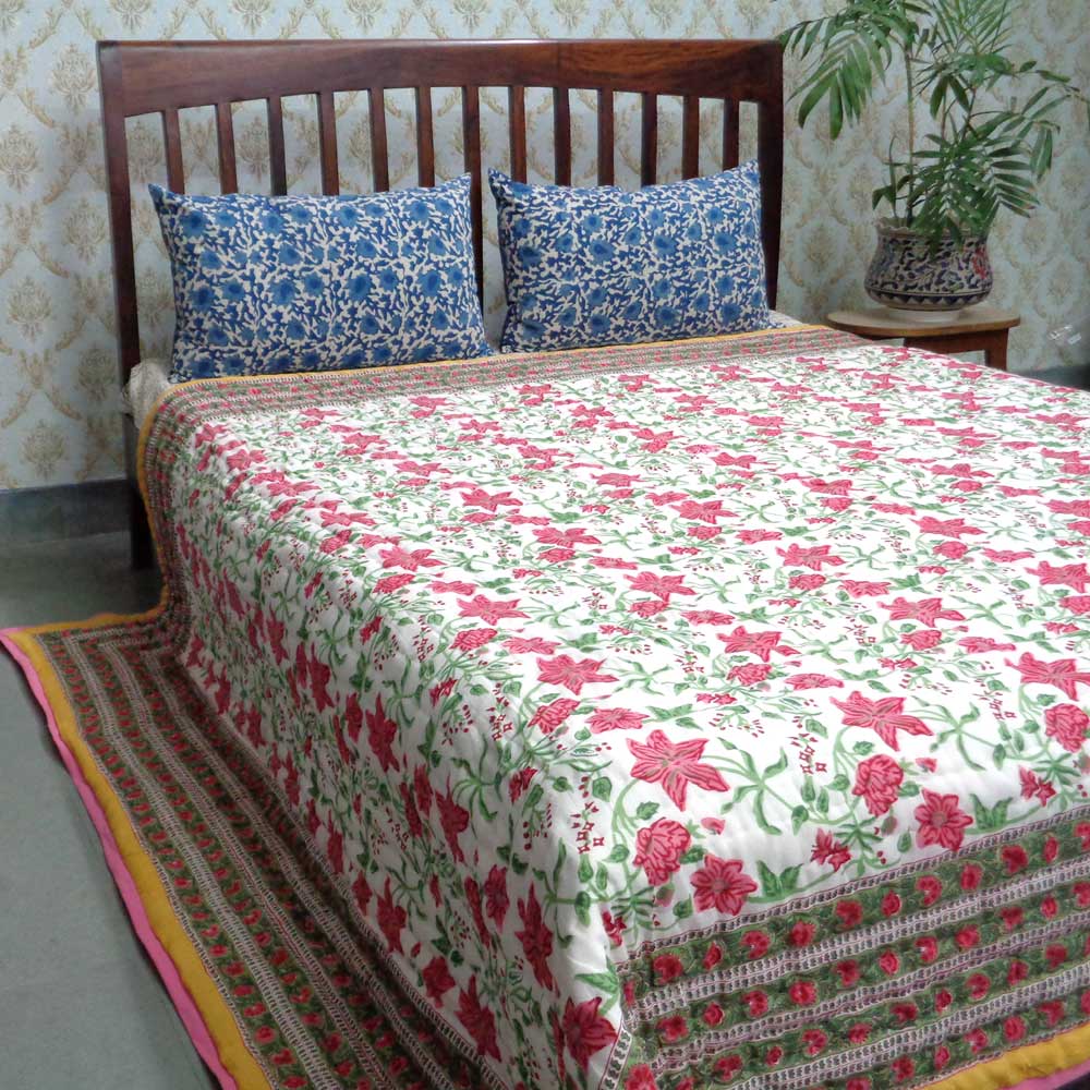 Handmade Block Printed Cotton Queen Quilt Nargis Lime 102382