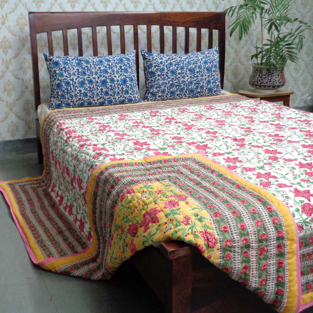 Handmade Block Printed Cotton Queen Quilt Nargis Lime 102382
