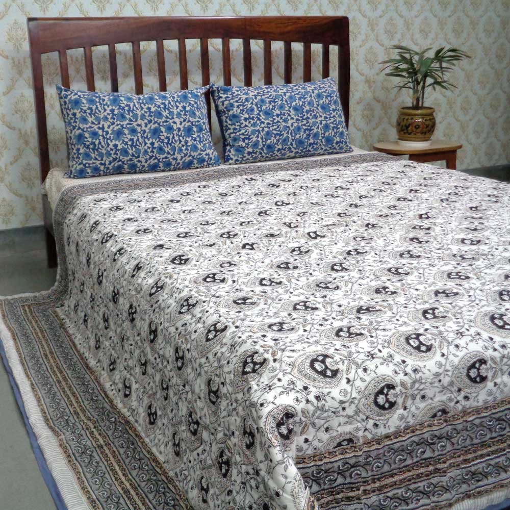 Hand Block Printed Cotton Queen Size Quilt Pan Leaf Dusk 102763