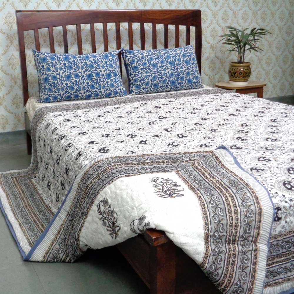 Hand Block Printed Cotton Queen Size Quilt Pan Leaf Dusk 102763