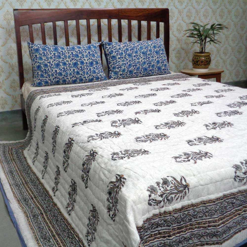 Hand Block Printed Cotton Queen Size Quilt Pan Leaf Dusk 102763