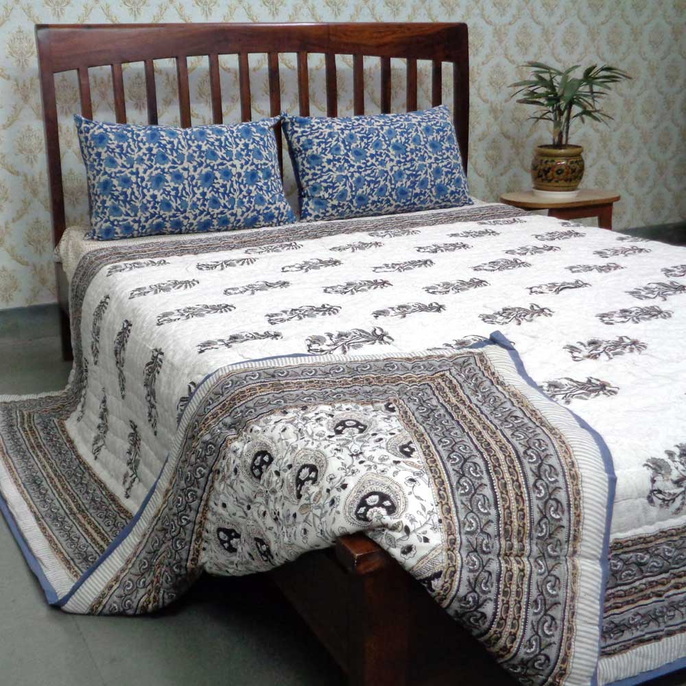 Hand Block Printed Cotton Queen Size Quilt Pan Leaf Dusk 102763