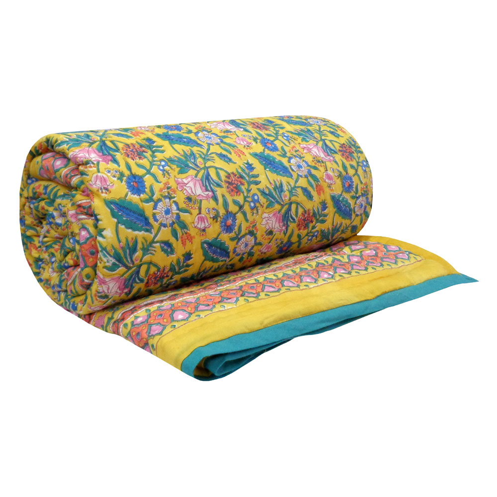 Hand Block Printed Cotton Queen Size Quilt Wild Flower Canary Yellow 202201