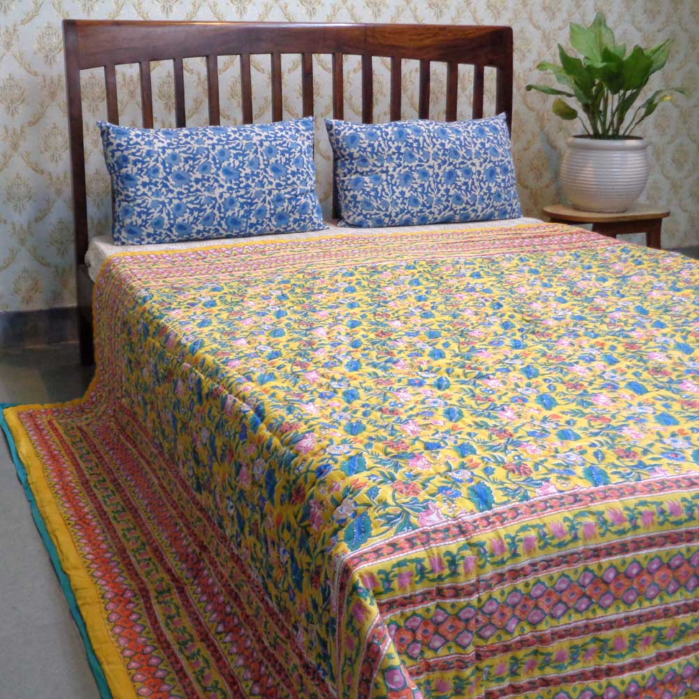 Hand Block Printed Cotton Queen Size Quilt Wild Flower Canary Yellow 202201
