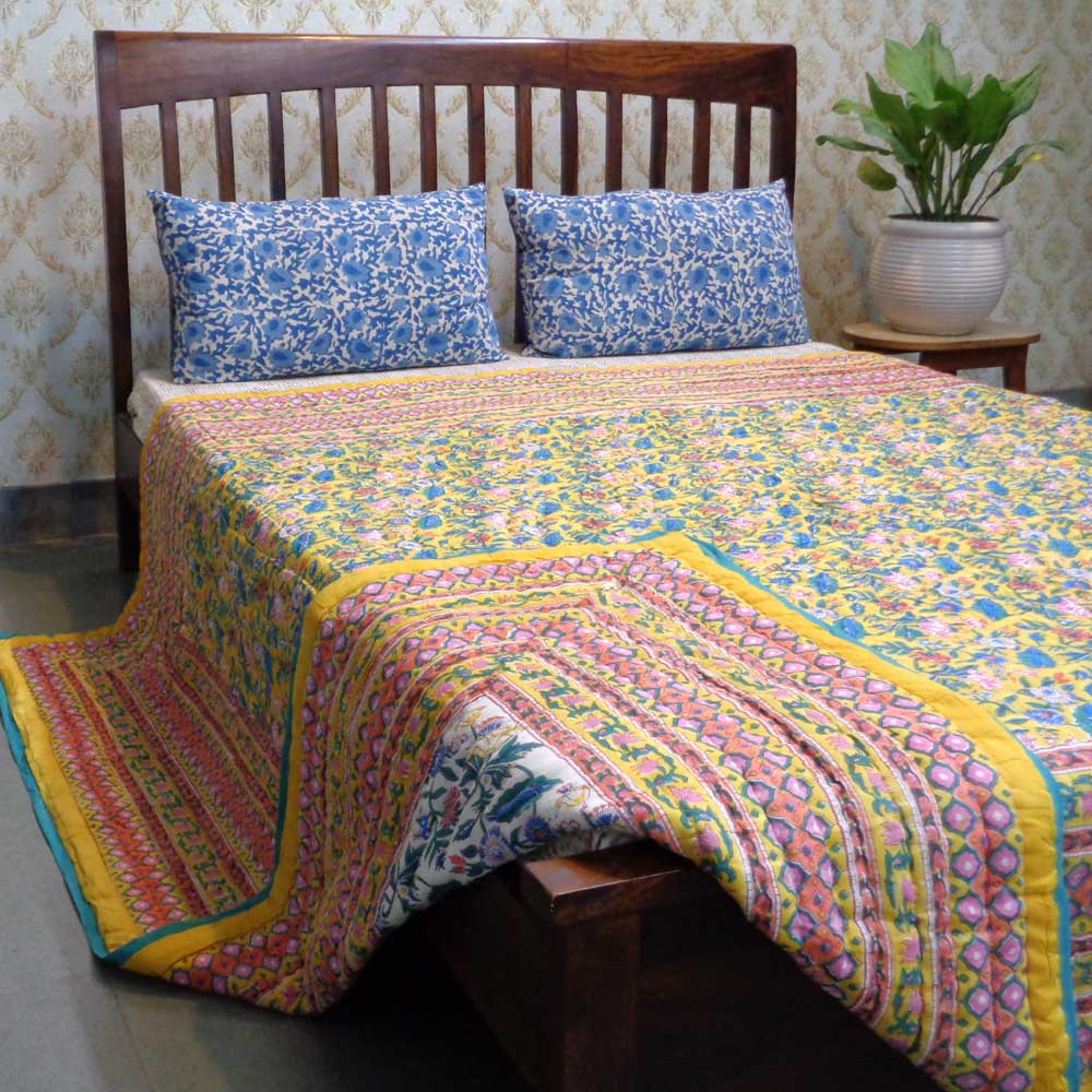 Hand Block Printed Cotton Queen Size Quilt Wild Flower Canary Yellow 202201