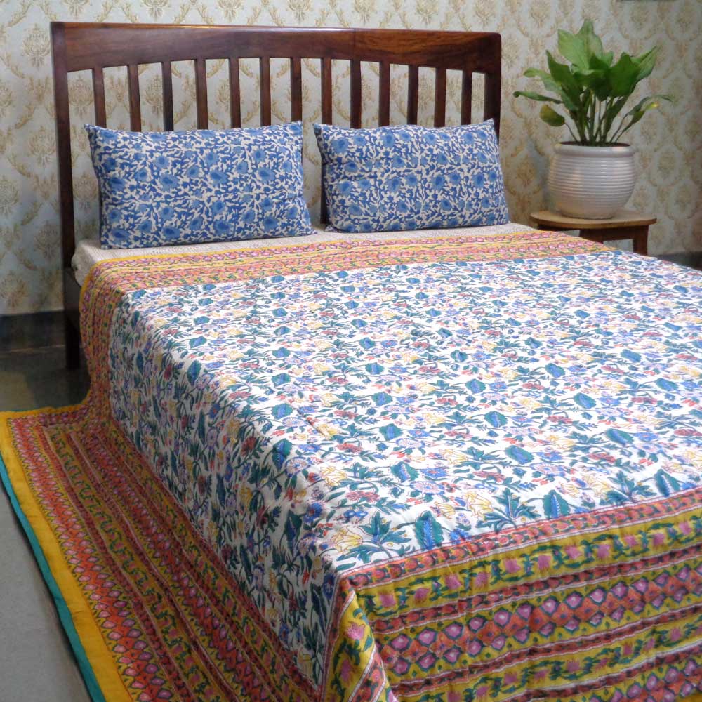 Hand Block Printed Cotton Queen Size Quilt Wild Flower Canary Yellow 202201