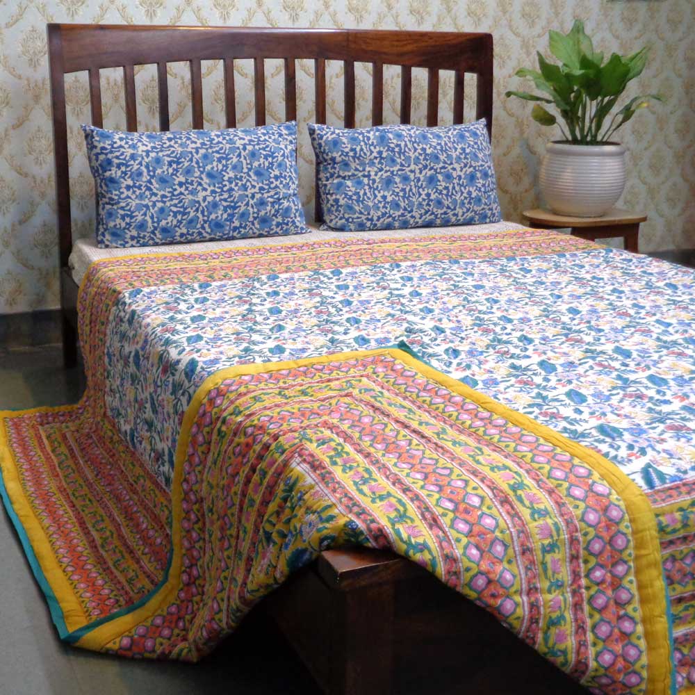 Hand Block Printed Cotton Queen Size Quilt Wild Flower Canary Yellow 202201