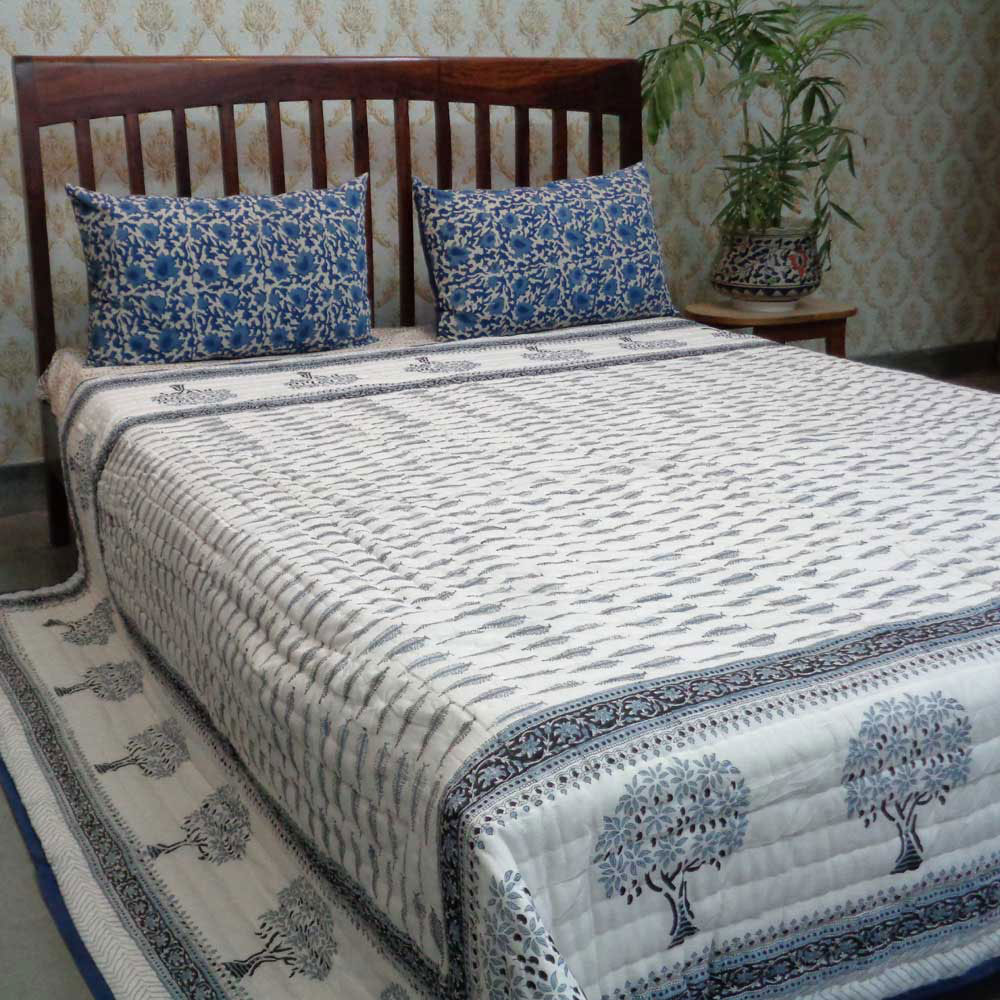 Queen Size Soft Cotton Quilt Handmade Winter Fall Tree Grey 107195