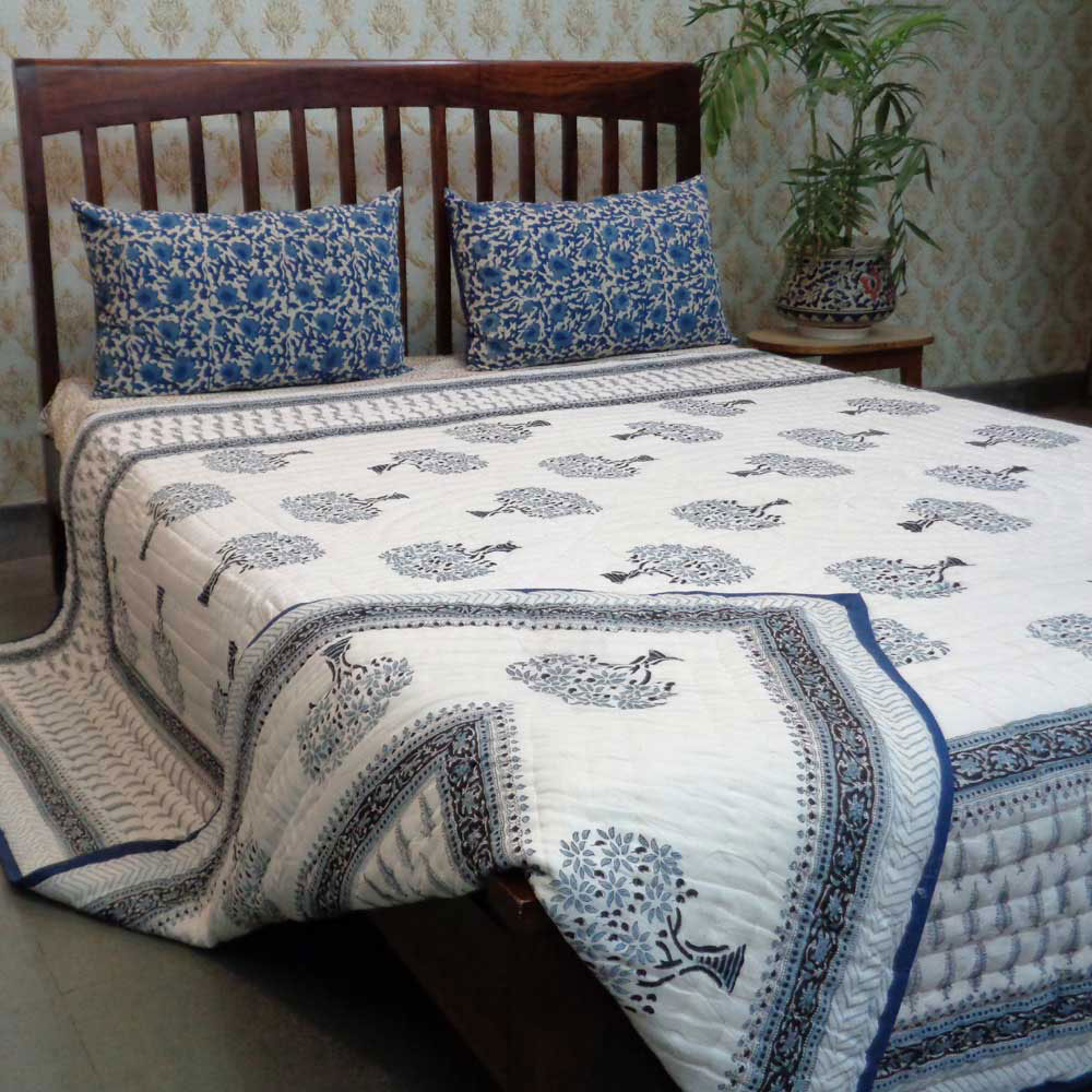 Queen Size Soft Cotton Quilt Handmade Winter Fall Tree Grey 107195