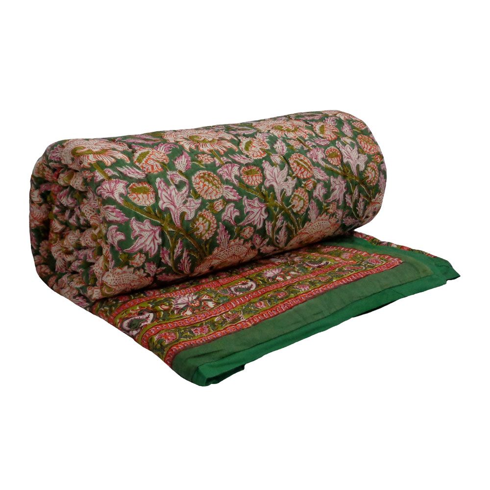 Handmade Block Printed Cotton Queen Quilt Amarnath Green Gud 109001