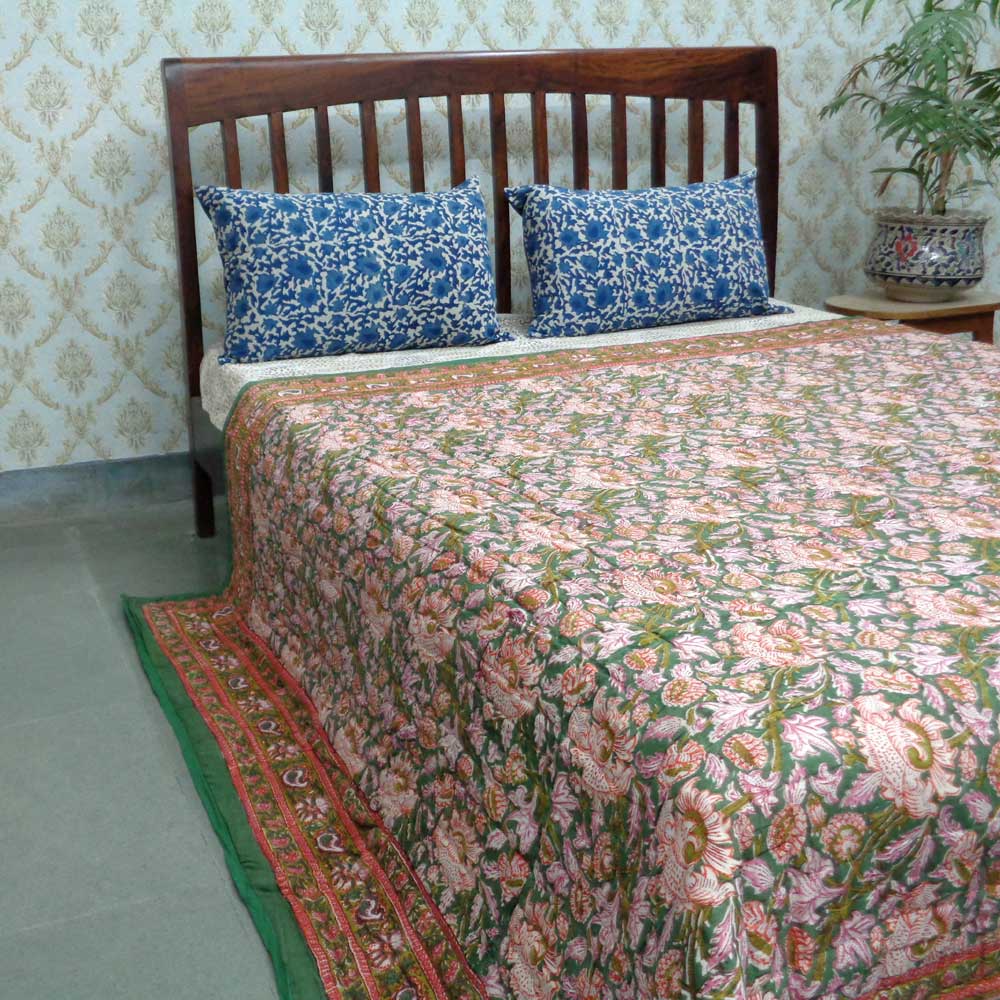 Handmade Block Printed Cotton Queen Quilt Amarnath Green Gud 109001