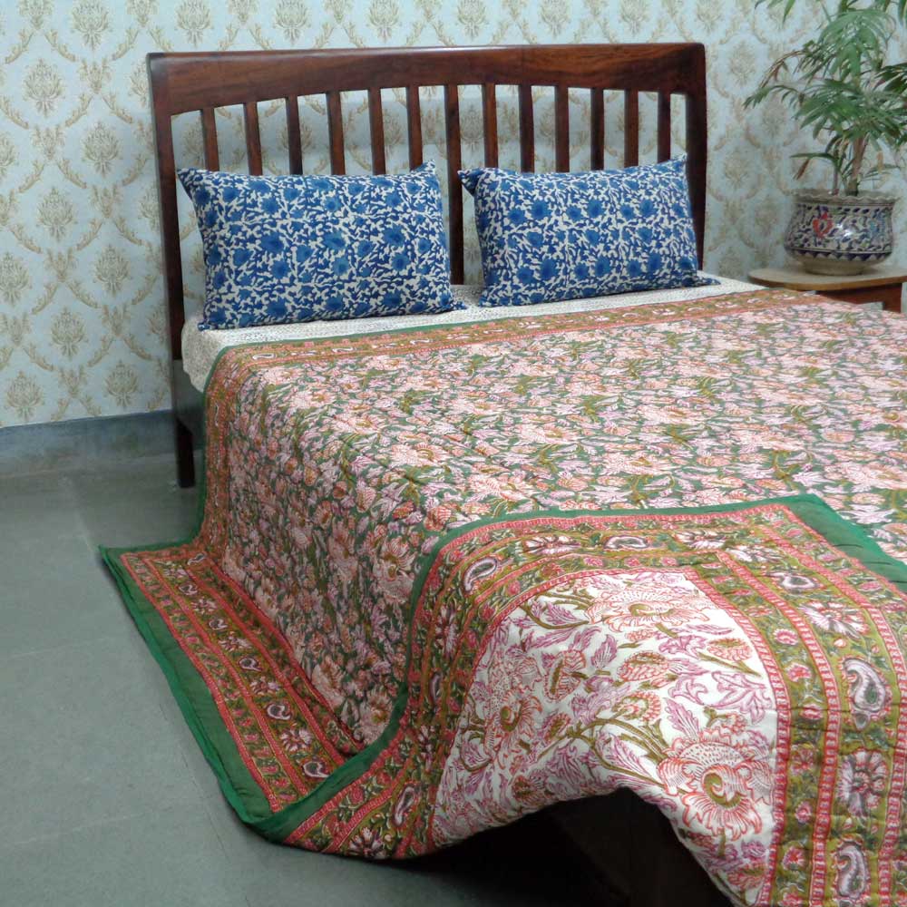 Handmade Block Printed Cotton Queen Quilt Amarnath Green Gud 109001