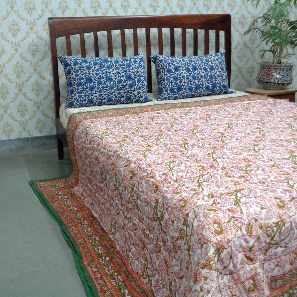 Handmade Block Printed Cotton Queen Quilt Amarnath Green Gud 109001