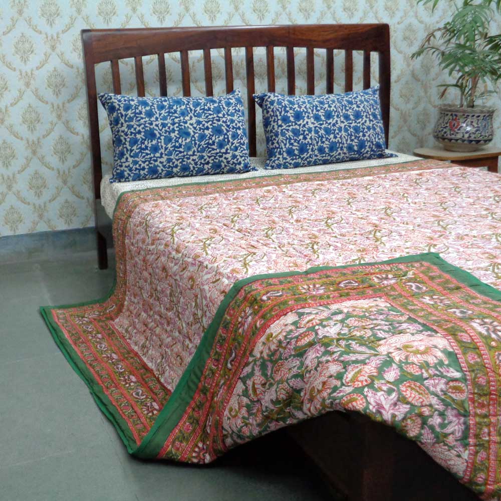 Handmade Block Printed Cotton Queen Quilt Amarnath Green Gud 109001