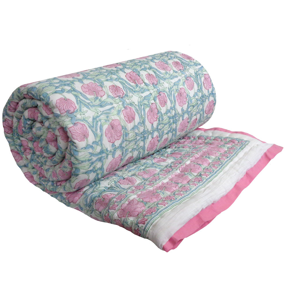 Hand Block Printed Cotton Queen Size Quilt Bauhaus Pink Flower 601774