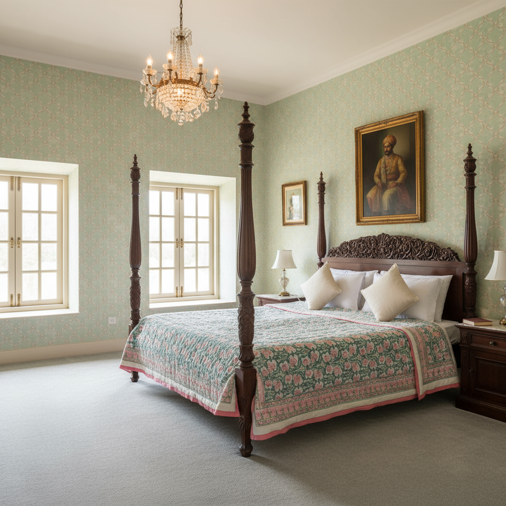 Hand Block Printed Cotton Queen Size Quilt Bauhaus Pink Flower 601774