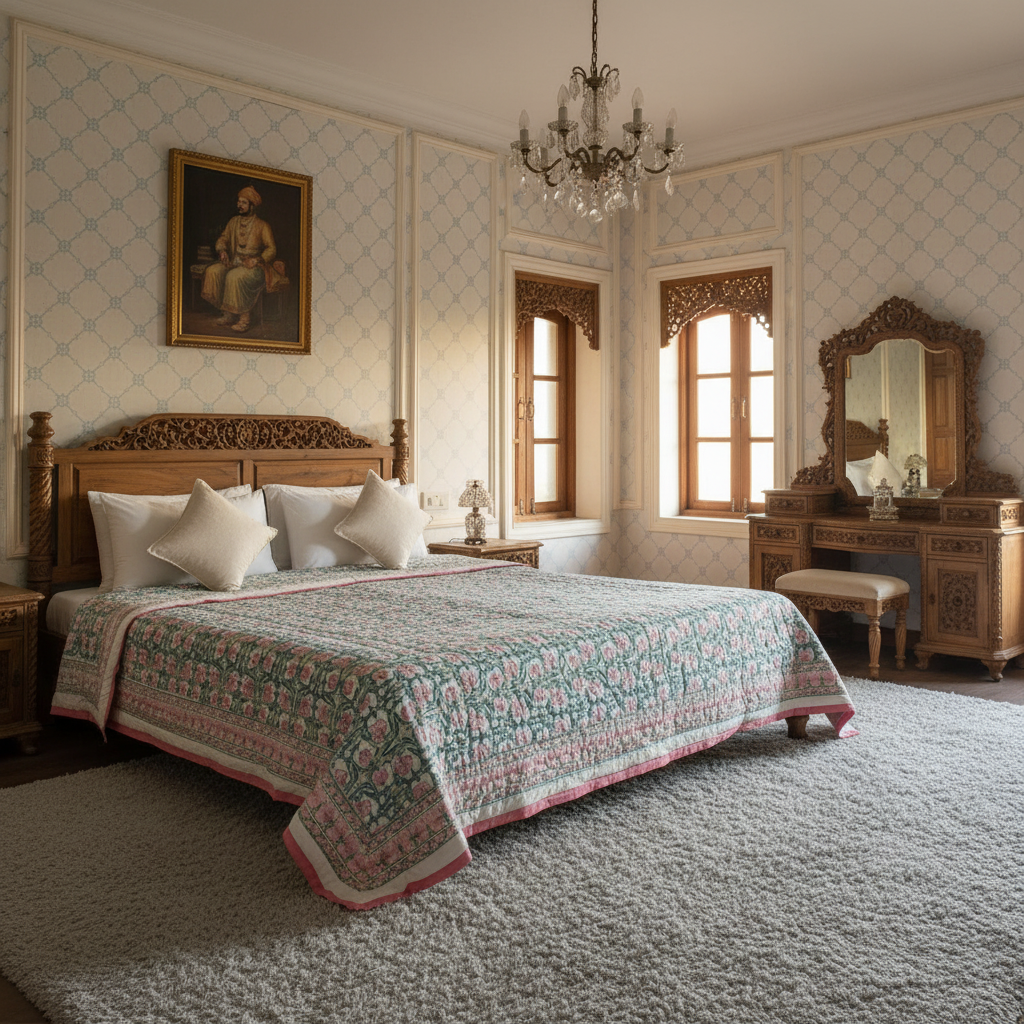 Hand Block Printed Cotton Queen Size Quilt Bauhaus Pink Flower 601774