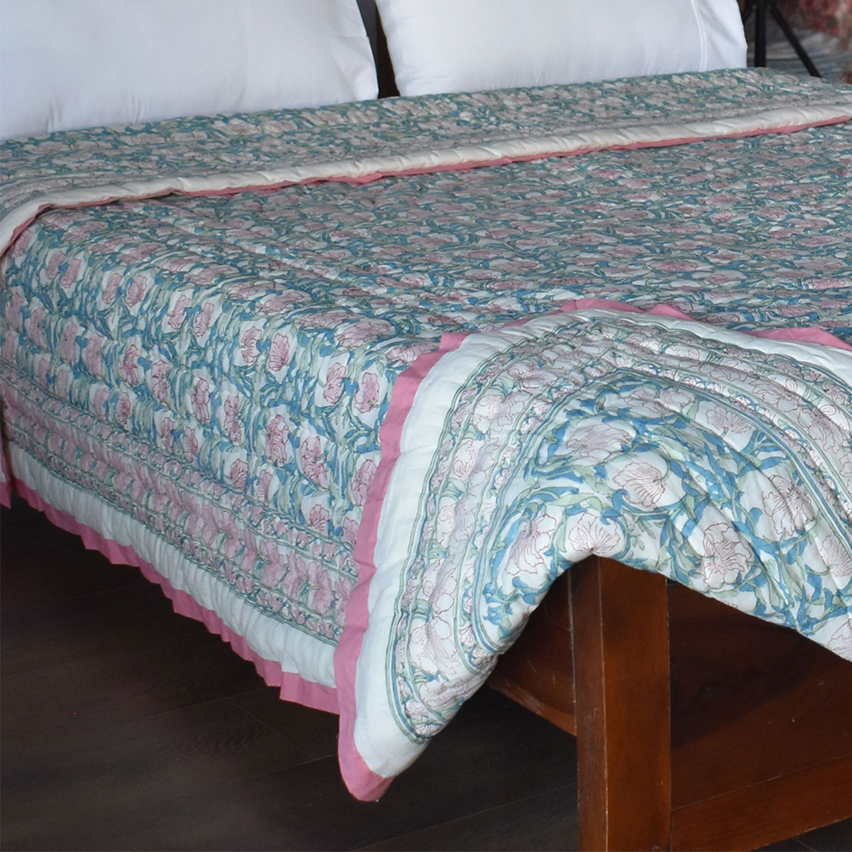 Hand Block Printed Cotton Queen Size Quilt  Bauhaus Pink Flower 601774