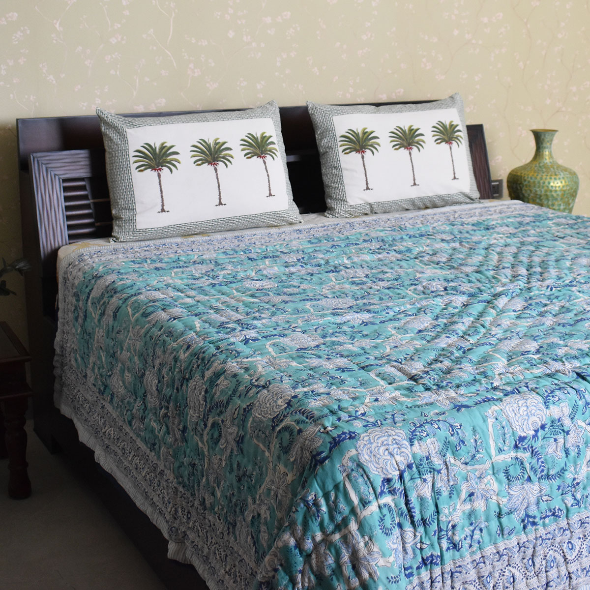 Hand Block Printed Cotton Queen Size Quilt  Bela Bristol Blue 601091