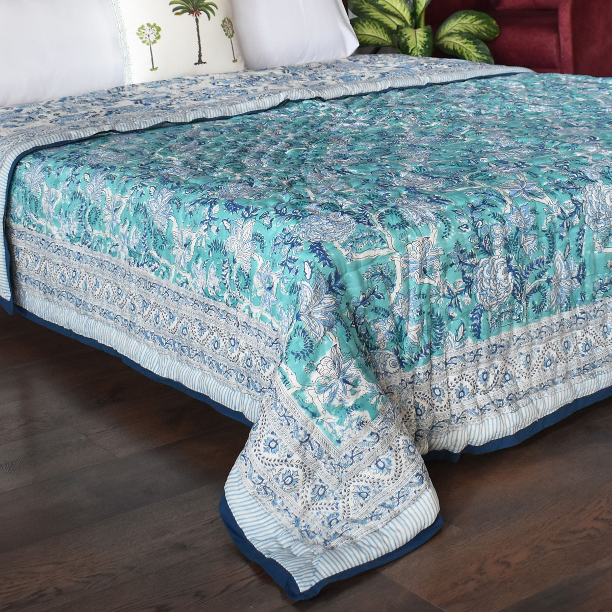 Hand Block Printed Cotton Queen Size Quilt  Bela Bristol Blue 601091