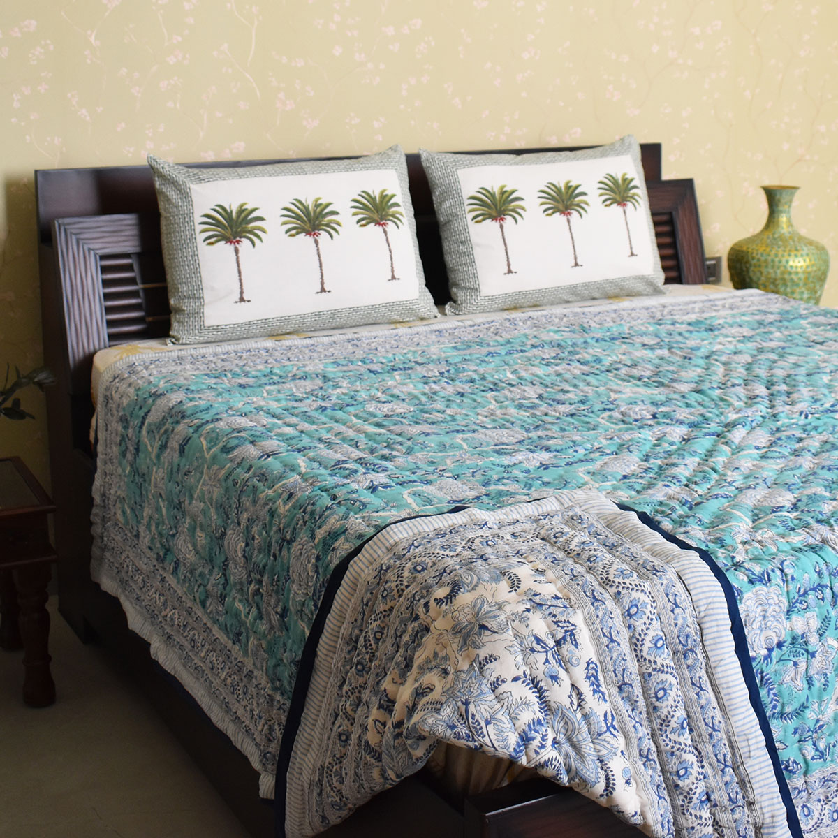 Hand Block Printed Cotton Queen Size Quilt  Bela Bristol Blue 601091