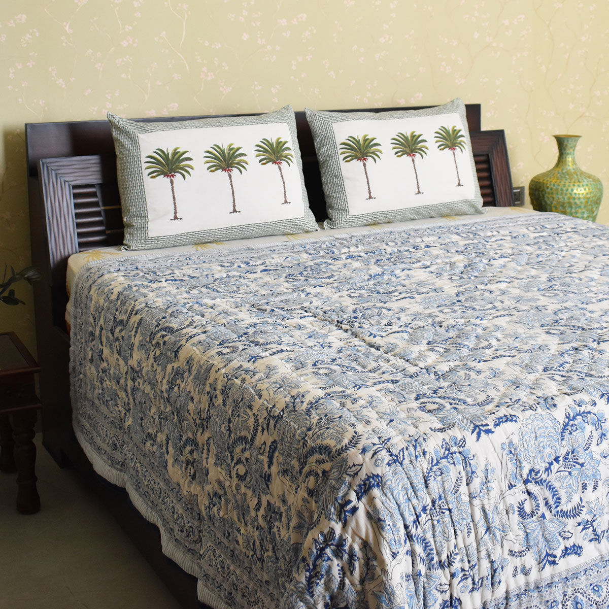 Hand Block Printed Cotton Queen Size Quilt  Bela Bristol Blue 601091