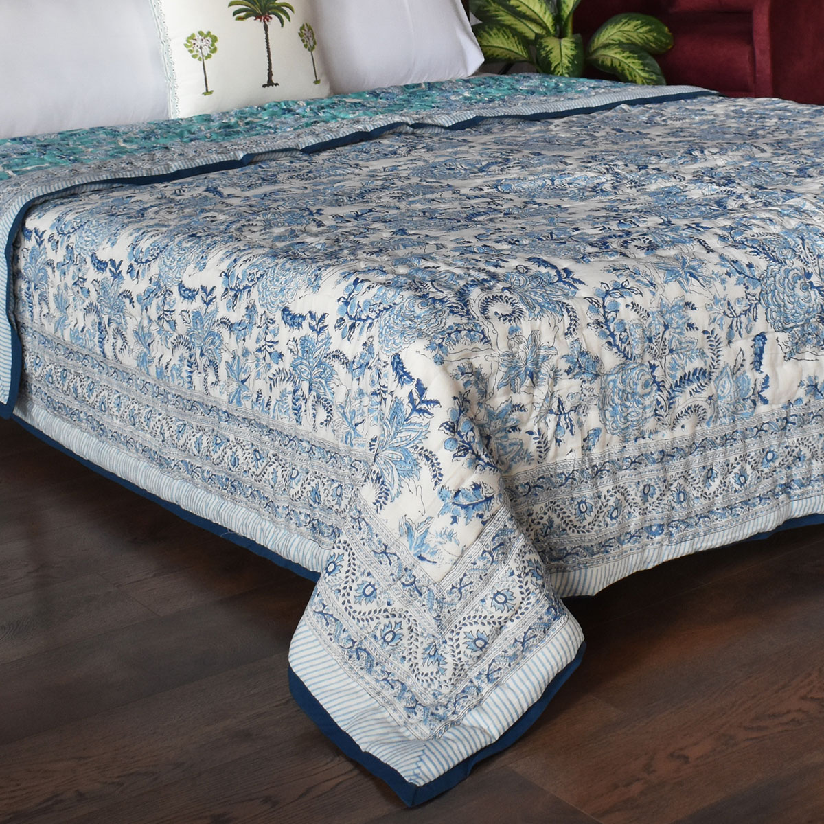 Hand Block Printed Cotton Queen Size Quilt  Bela Bristol Blue 601091