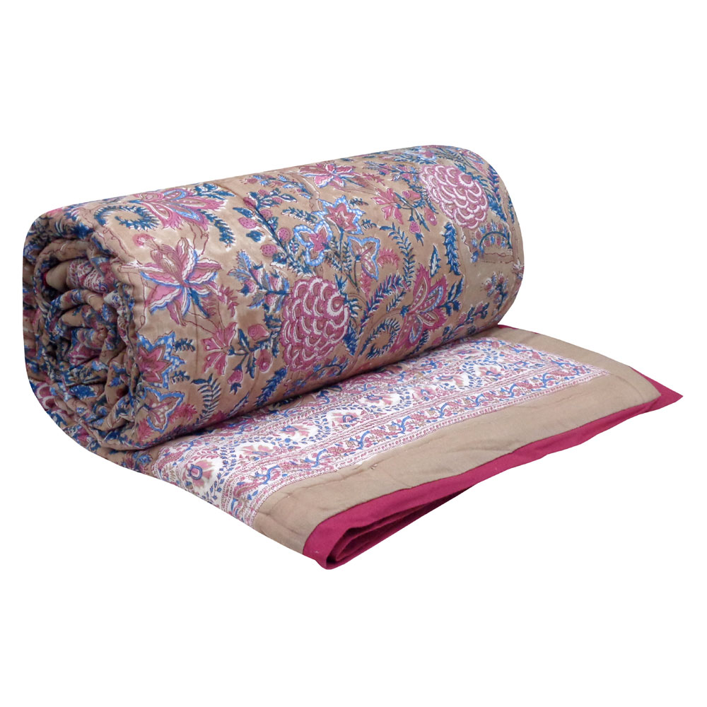 Hand Block Printed Cotton Queen Size Quilt Bela Maroon 303588