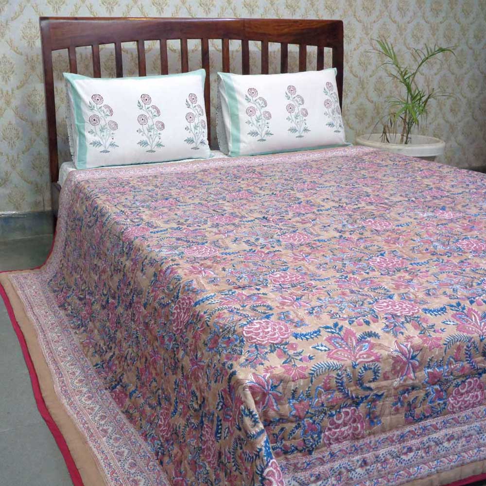 Hand Block Printed Cotton Queen Size Quilt  Bela Maroon 303588