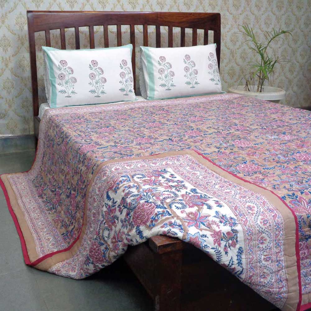 Hand Block Printed Cotton Queen Size Quilt Bela Maroon 303588
