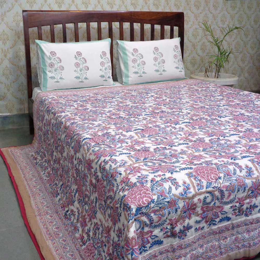 Hand Block Printed Cotton Queen Size Quilt  Bela Maroon 303588