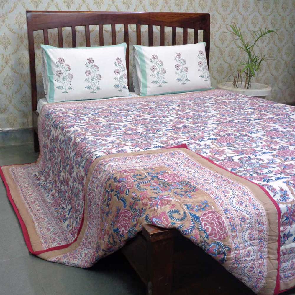 Hand Block Printed Cotton Queen Size Quilt Bela Maroon 303588