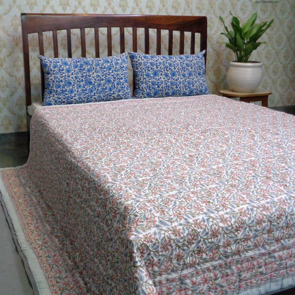 Hand Block Printed Cotton Queen Size Quilt Berry Pink 106128