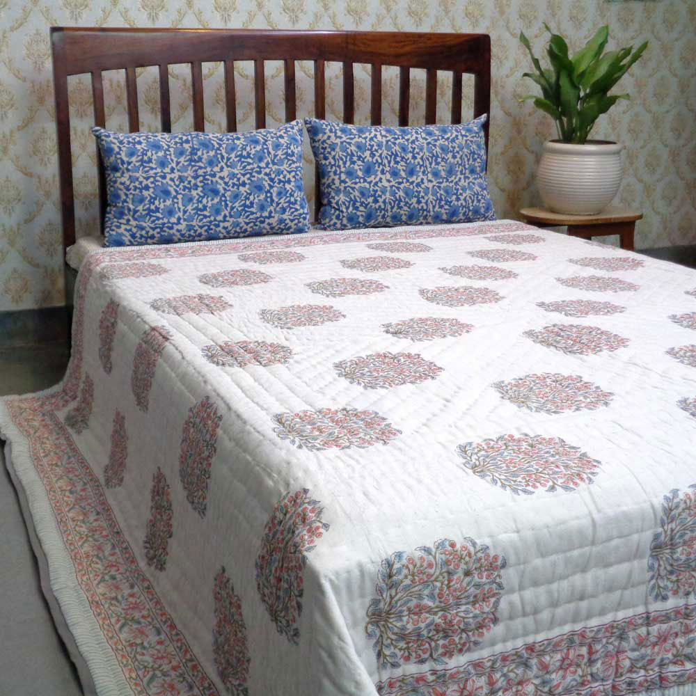 Hand Block Printed Cotton Queen Size Quilt Berry Pink 106128