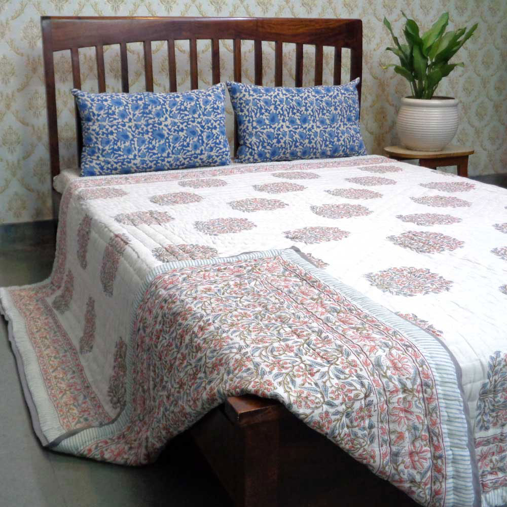 Hand Block Printed Cotton Queen Size Quilt Berry Pink 106128